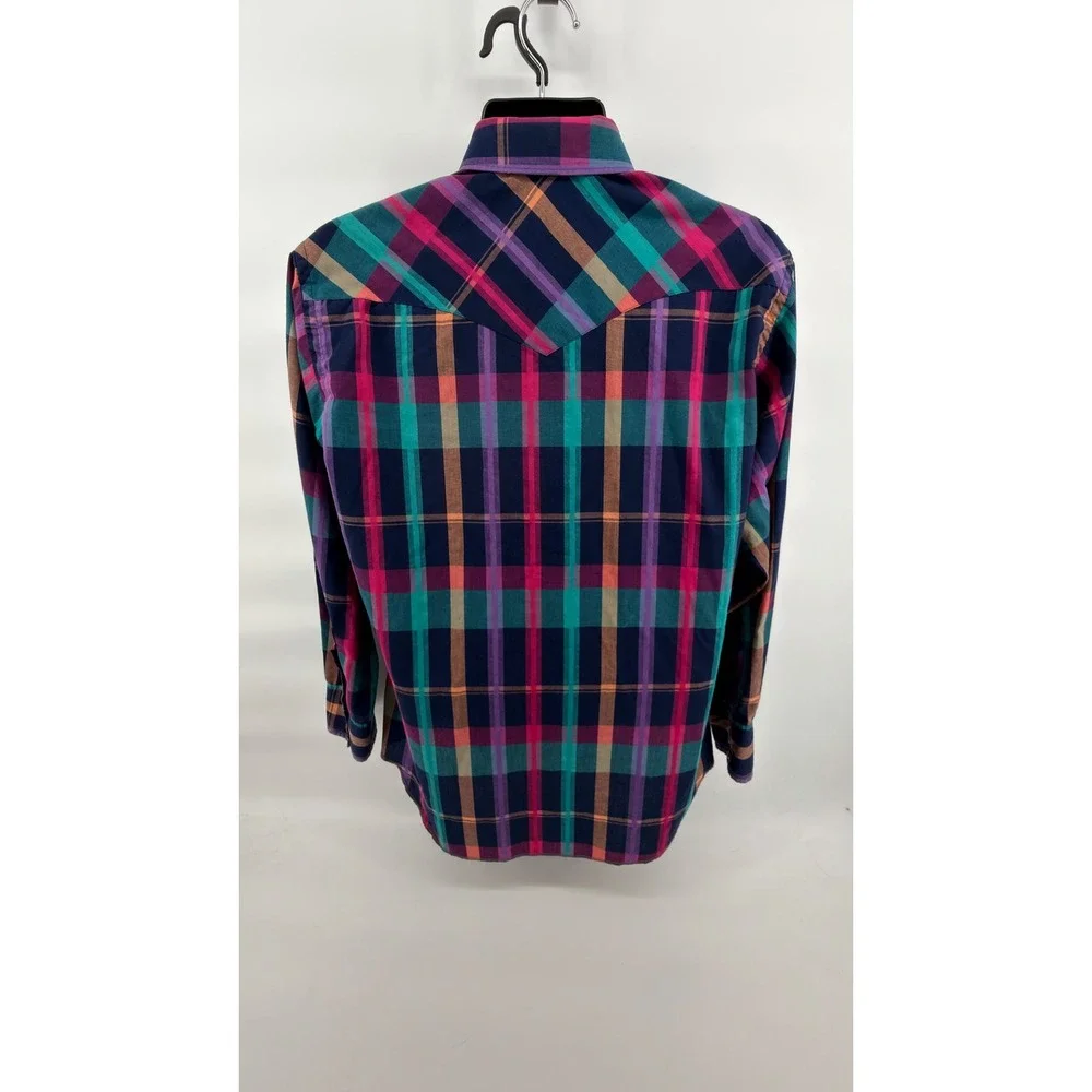 Vintage 90 Wrangler Cowboy Cut Pearl Snap Shirt Mens 16x34 L Teal Pink Plaid USA